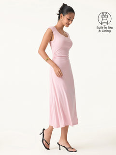 Scoop Neck Side Ruched New Airy Bra Midi Dress
