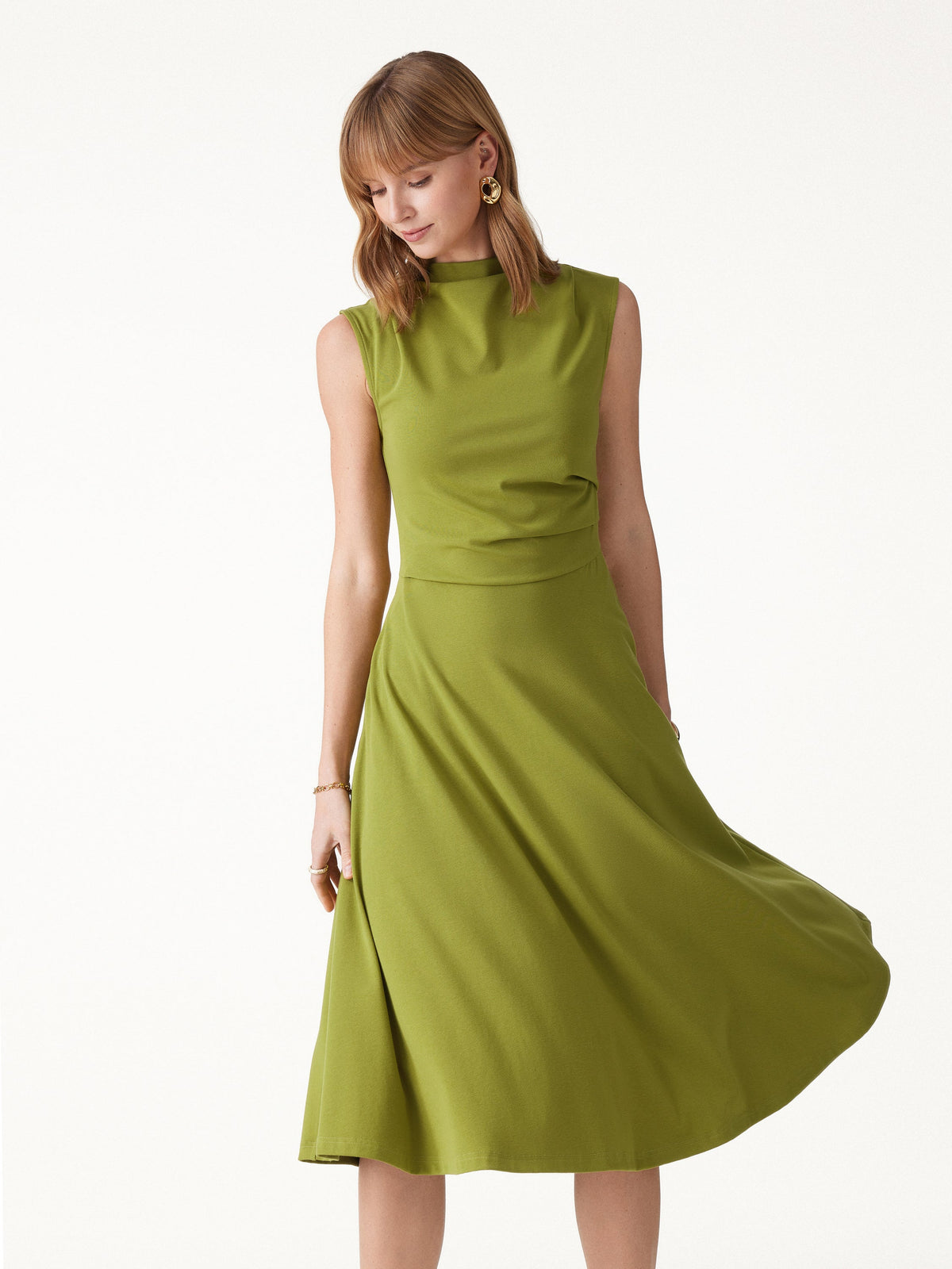 Viscose-Cotton Mock Neck Sleeveless Tucked Midi Dress