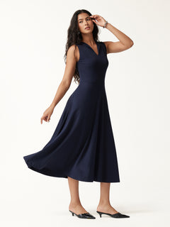 Ribbed Collared V-Neck Sleeveless A-Line Midi Bra Dress with Pockets