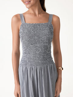 Striped Poplin Square Neck Smocked Midi Bra Dress