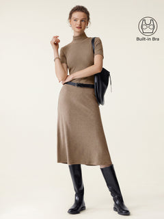 2Pcs Set Mockneck Short Sleeve Bra Top & Pull-On Midi Skirt