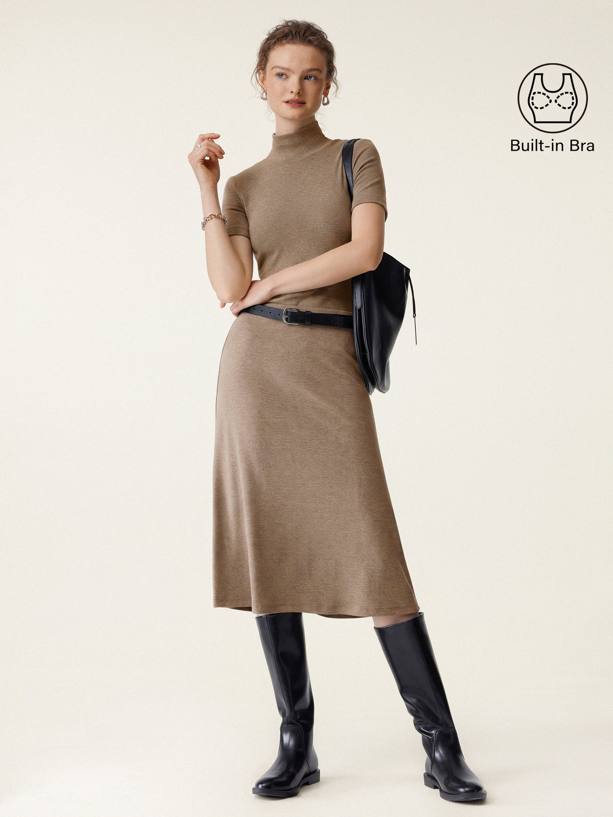 2Pcs Set Mockneck Short Sleeve Bra Top & Pull-On Midi Skirt