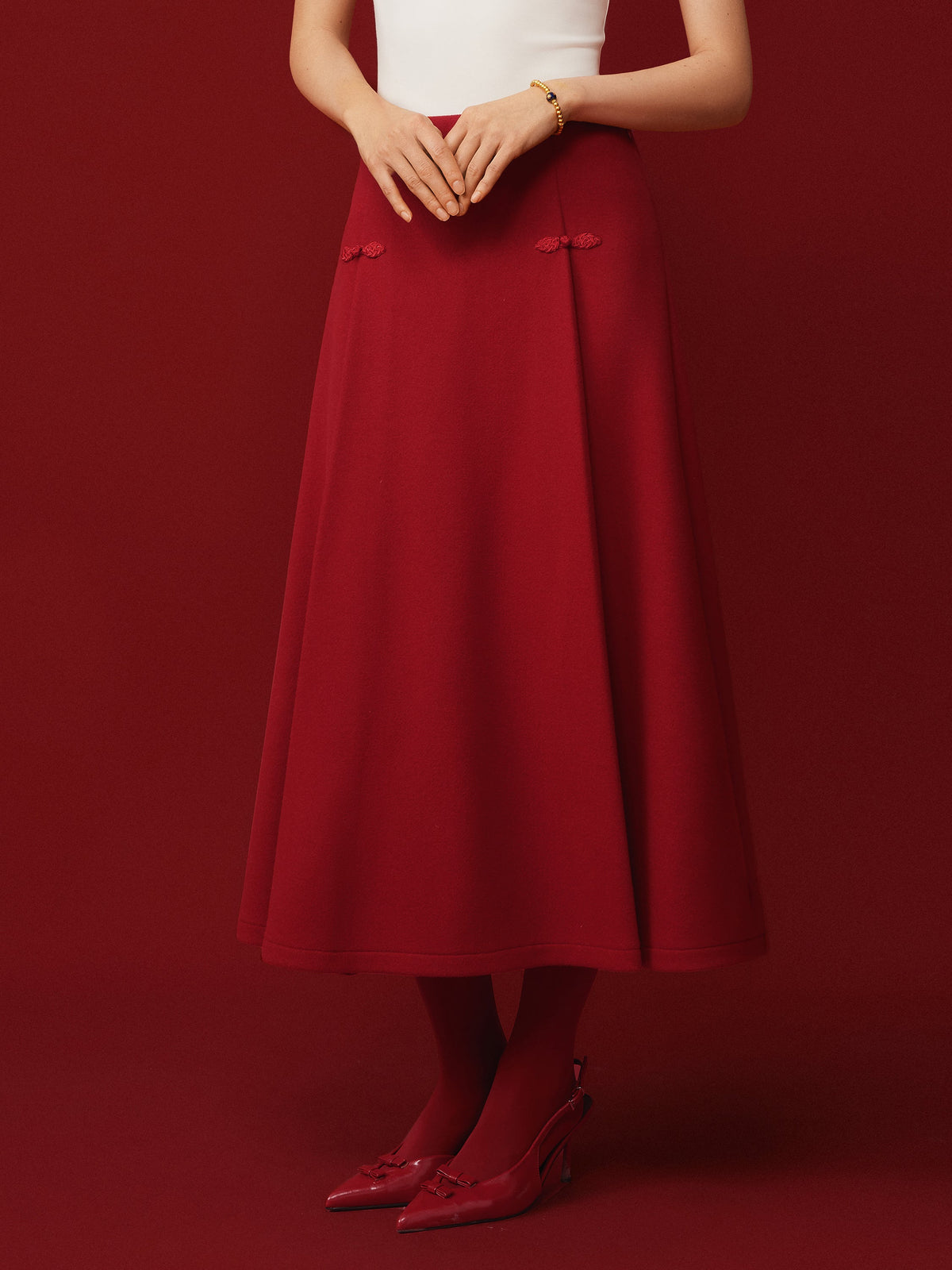 Wool-like Frog Button A-Line Midi Skirt Limited Edition
