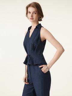 2Pcs Set Collared V-neck Top & Mid-Rise Wide-Leg Lounge Pants