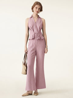 2Pcs Set V-neck Sleeveless Top & Mid Rise Flared Pant with Pockets