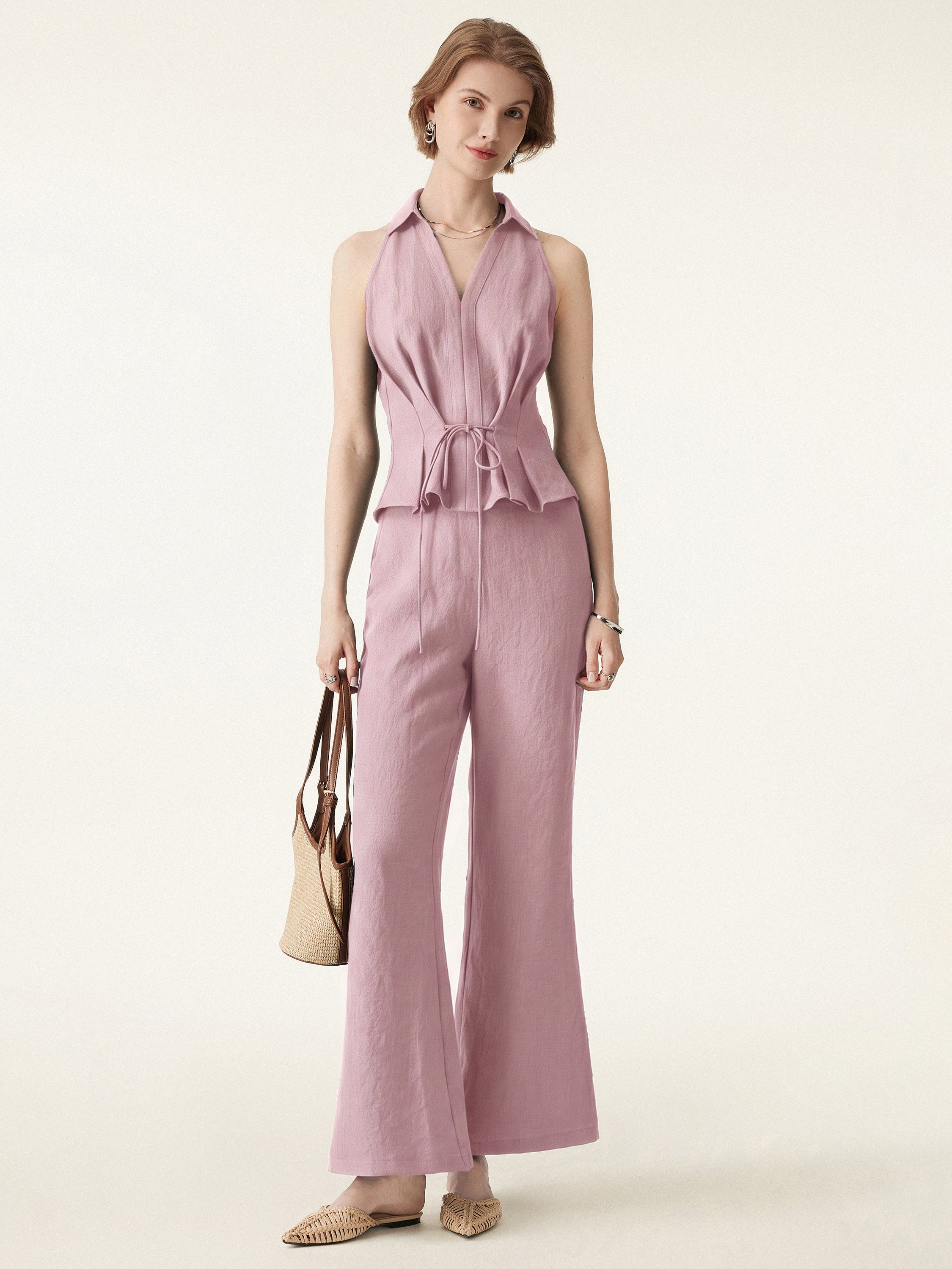 2Pcs Set V-neck Sleeveless Top & Mid Rise Flared Pant with Pockets
