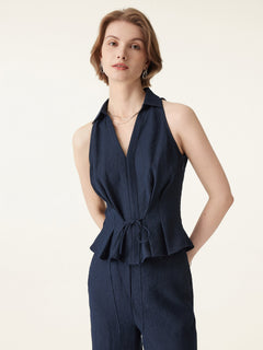 2Pcs Set Collared V-neck Top & Mid-Rise Wide-Leg Lounge Pants