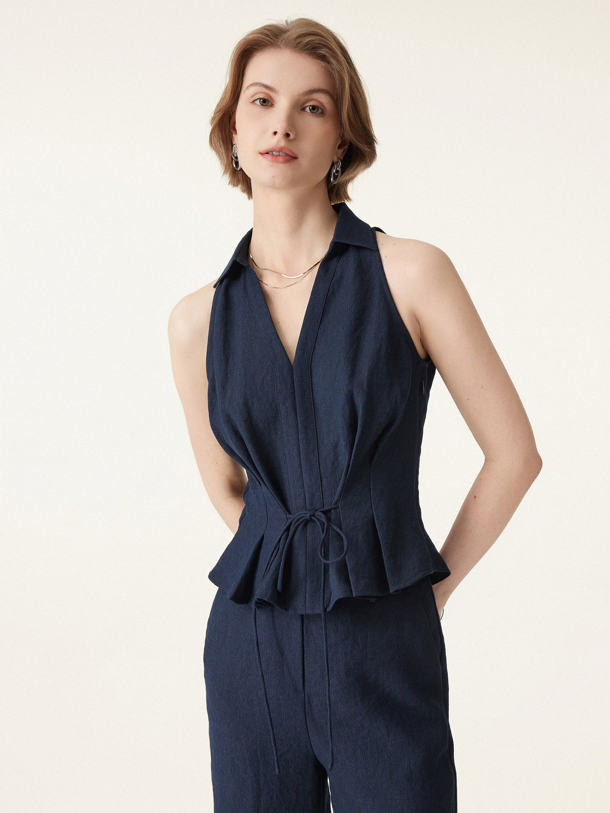 2Pcs Set Collared V-neck Top & Mid-Rise Wide-Leg Lounge Pants