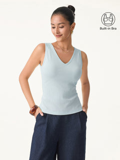 Stretch Cotton Pointelle V-neck Sleeveless Bra Tank