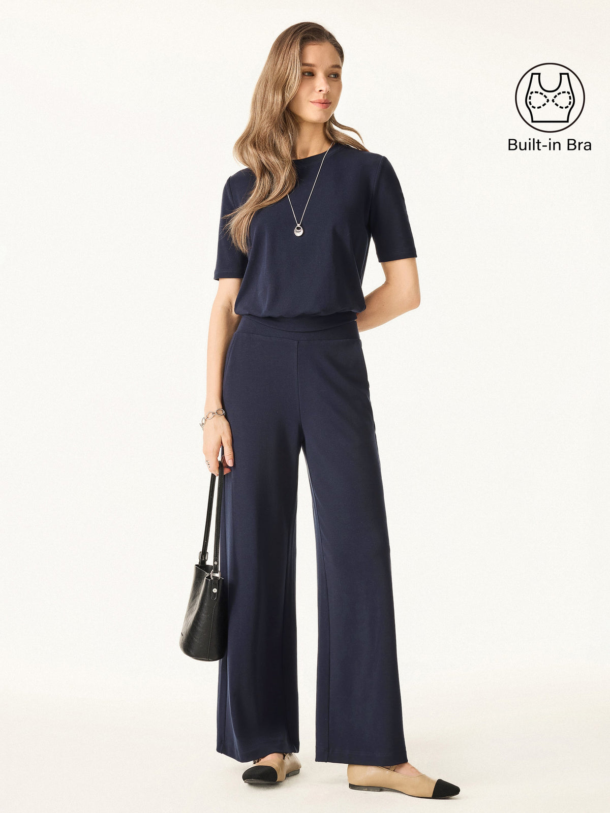 2Pcs Set Petite Wide Leg Pant with Pockets & Crewneck Bra Top