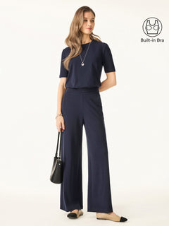 2Pcs Set Petite Wide Leg Pant with Pockets & Crewneck Bra Top