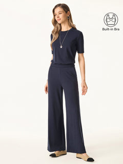2Pcs Set Petite Wide Leg Pant with Pockets & Crewneck Bra Top