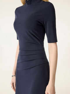 Cotton Blend Mock Neck Elbow Sleeve Tucked A-Line Midi Dress