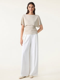 2Pcs Set Boatneck Batwing Sleeve Top & Mid-Rise Wide-Leg Lounge Pants