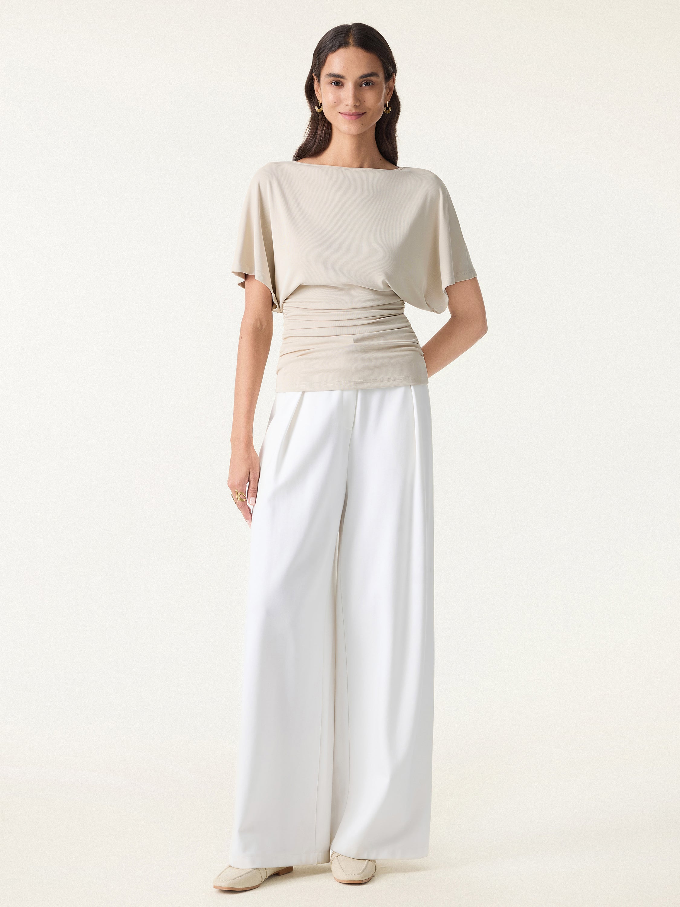 2Pcs Set Boatneck Batwing Sleeve Top & Mid-Rise Wide-Leg Lounge Pants