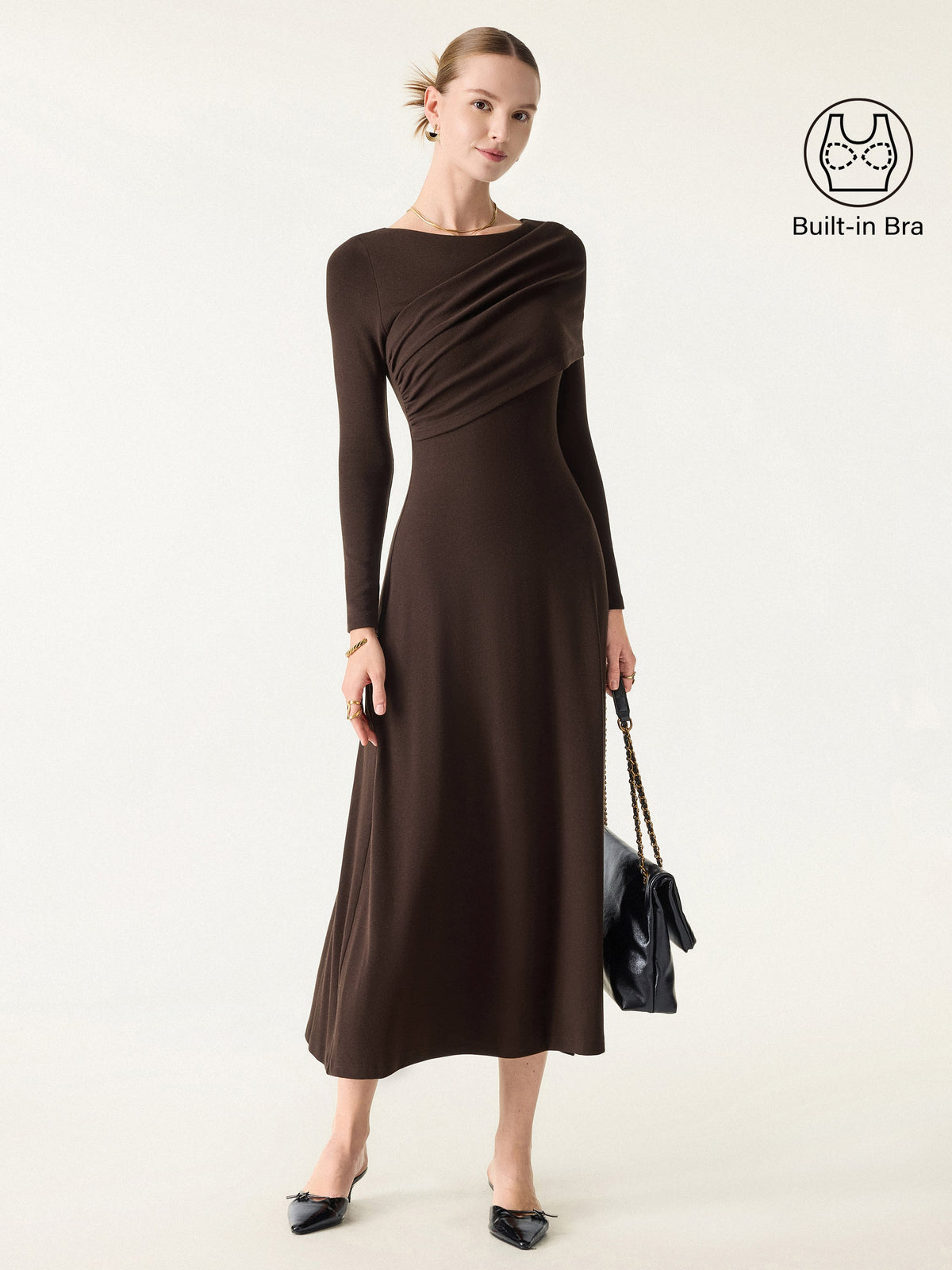 Eco-Mousse® Boatneck Ruched A-Line Midi Bra Dress