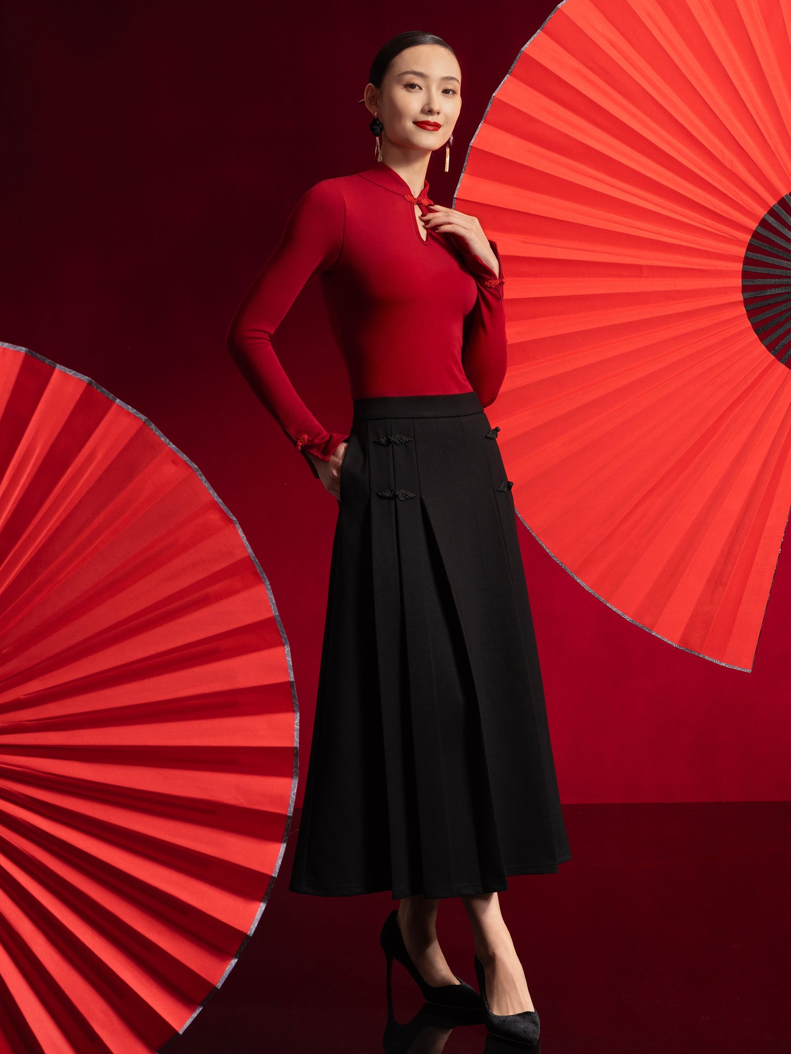 Pleated Frog Button Decor Midi A-line Skirt Limited Edition