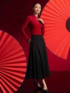 Pleated Frog Button Decor Midi A-line Skirt Limited Edition