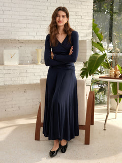 2Pcs Set Surplice Ruched Long Sleeve & Godet Hem Pull-on Maxi Skirt