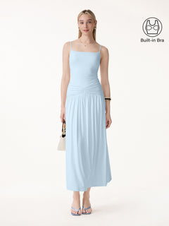 Not-See-Thru Spaghetti Gathered Maxi Bra Dress