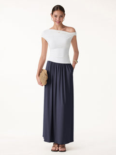 Linen Knit Gathered A-Line Maxi Skirt with Pockets