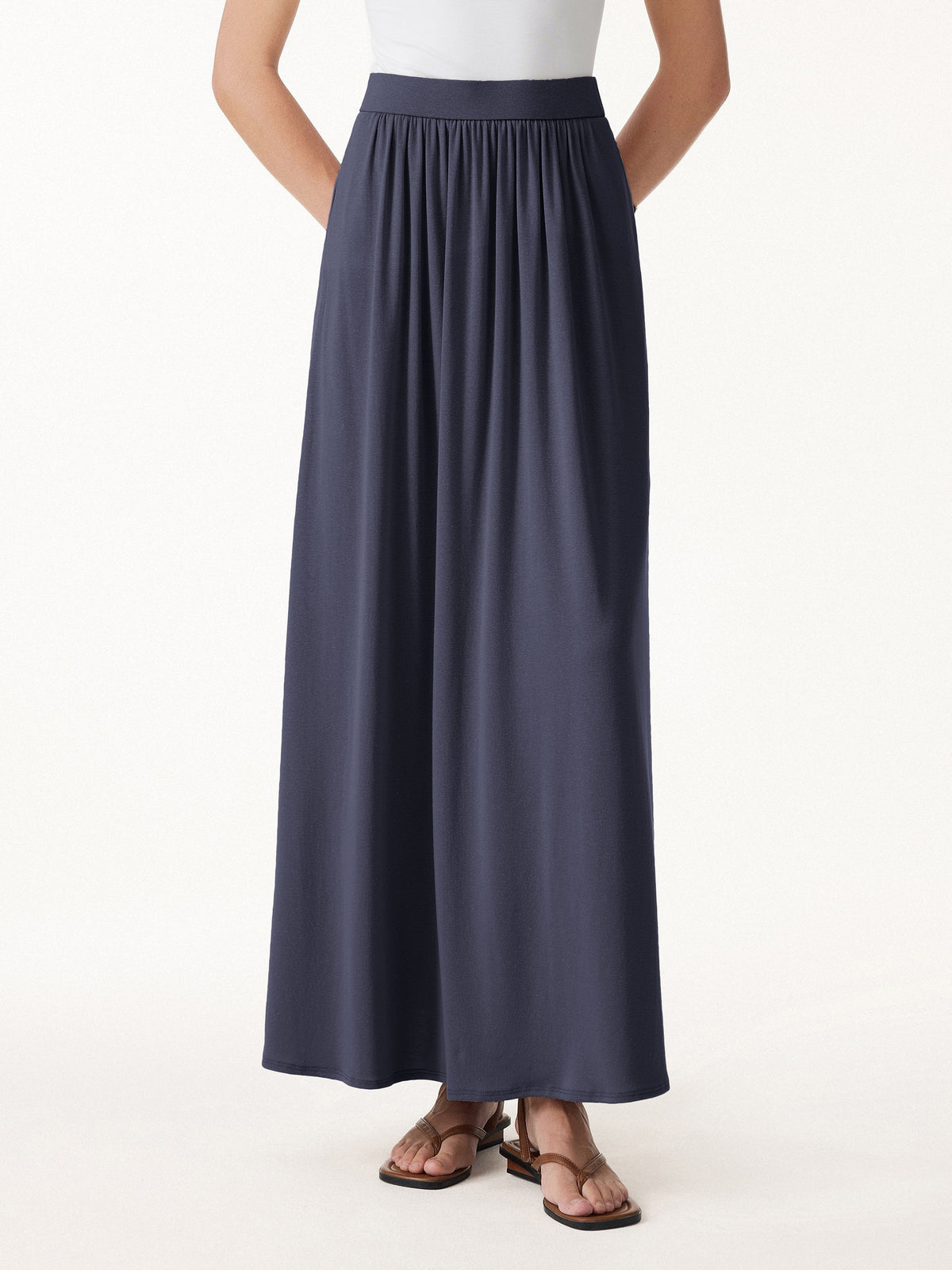 Linen Knit Gathered A-Line Maxi Skirt with Pockets