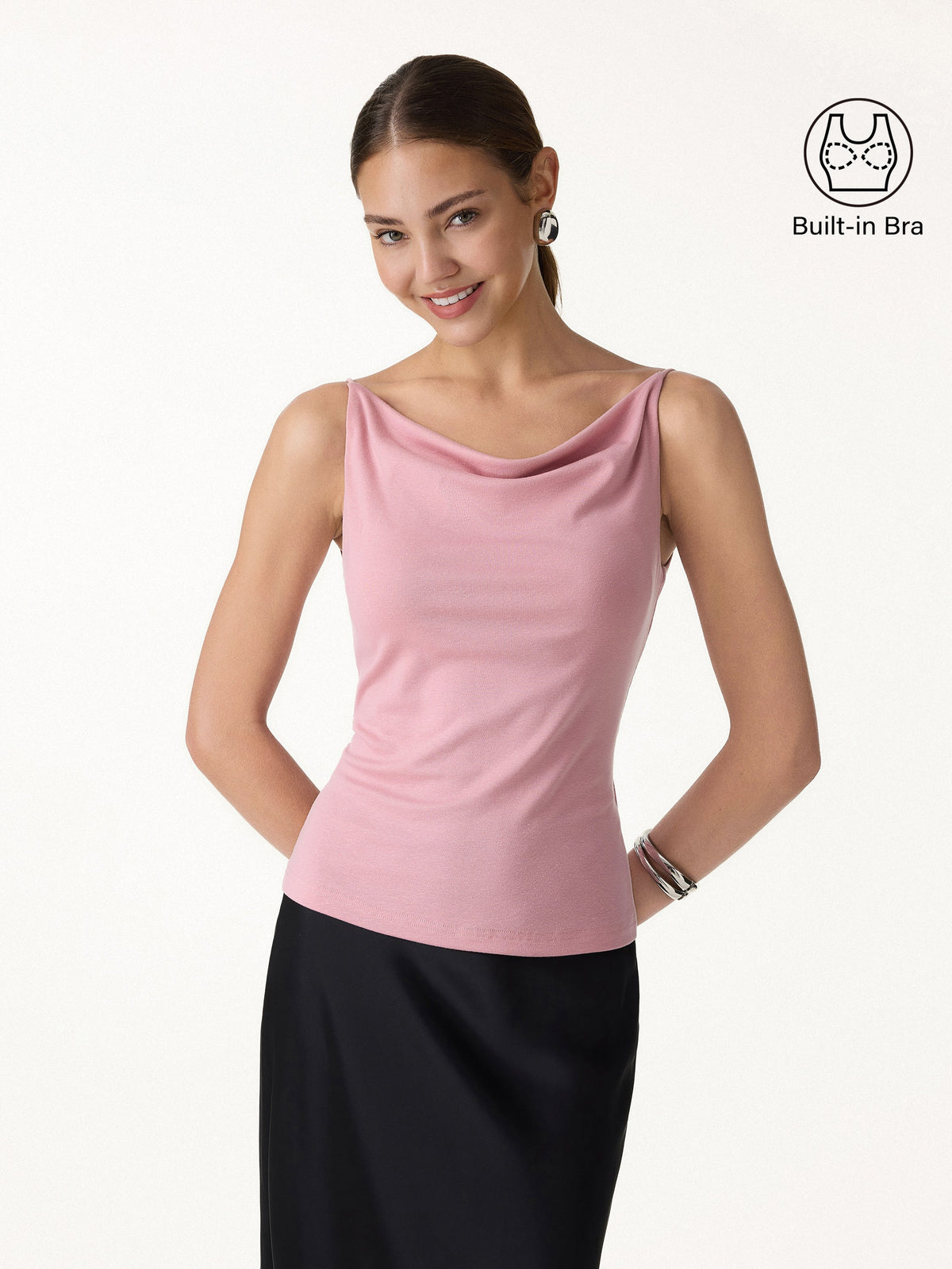 2Pcs Set Cowl Neck Bra Tank & Mid Rise Wide Leg Pant with Pockets