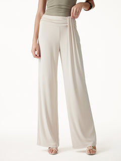 2Pcs Set Collared V-neck Top & Mid-Rise Wide-Leg Lounge Pants