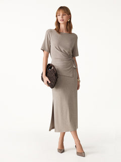 2Pcs Set Short Sleeve Tie-Side Top & Side-Slit A-Line Midi Skirt