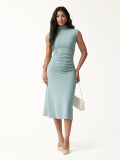 Mockneck Tucks Midi Dress