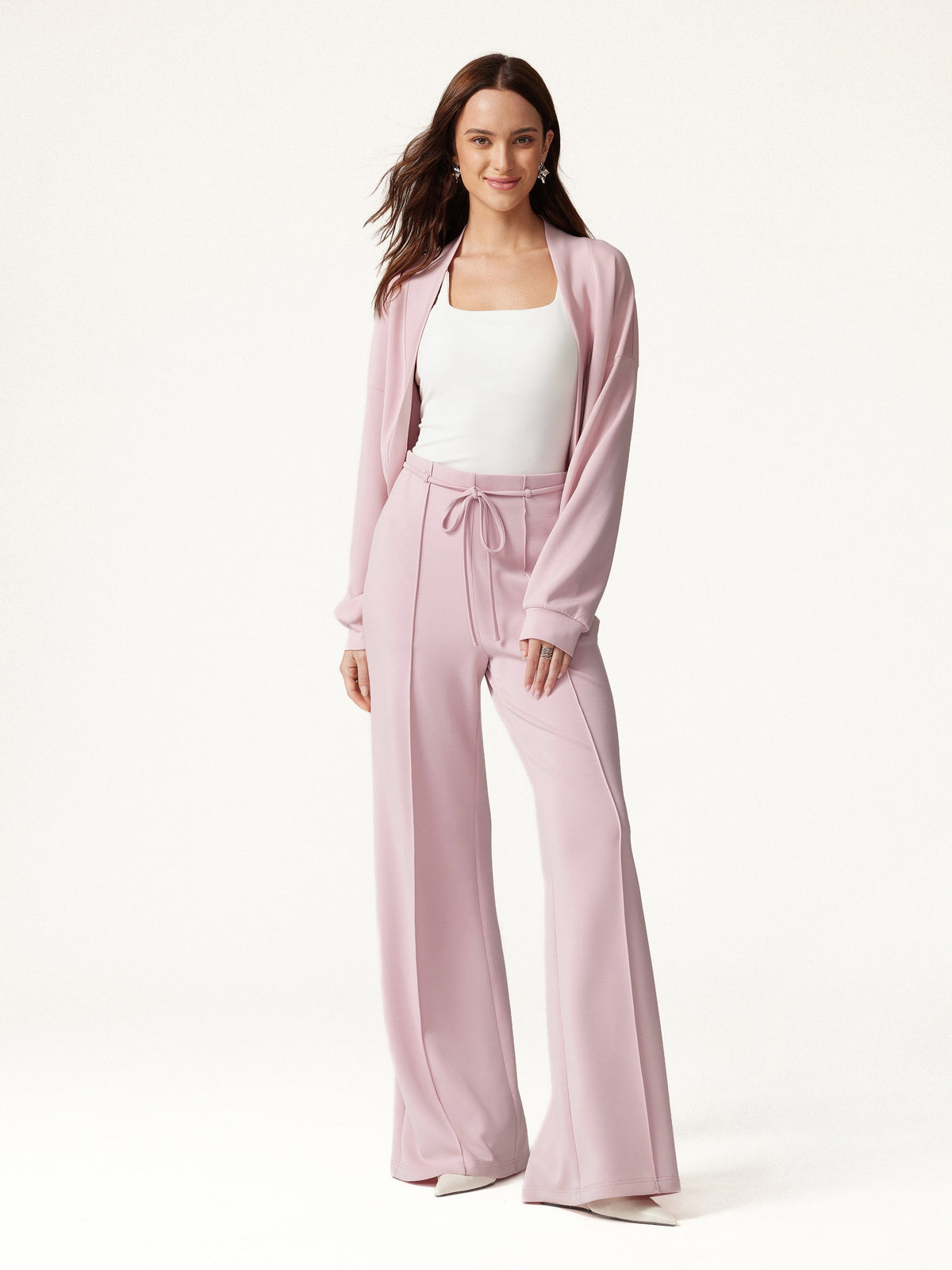 2Pcs Set Long Sleeve Drop-Shoulder Cardigan & High-Rise Flare Pants with Pockets