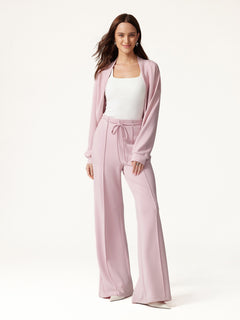 2Pcs Set Long Sleeve Drop-Shoulder Cardigan & High-Rise Flare Pants with Pockets