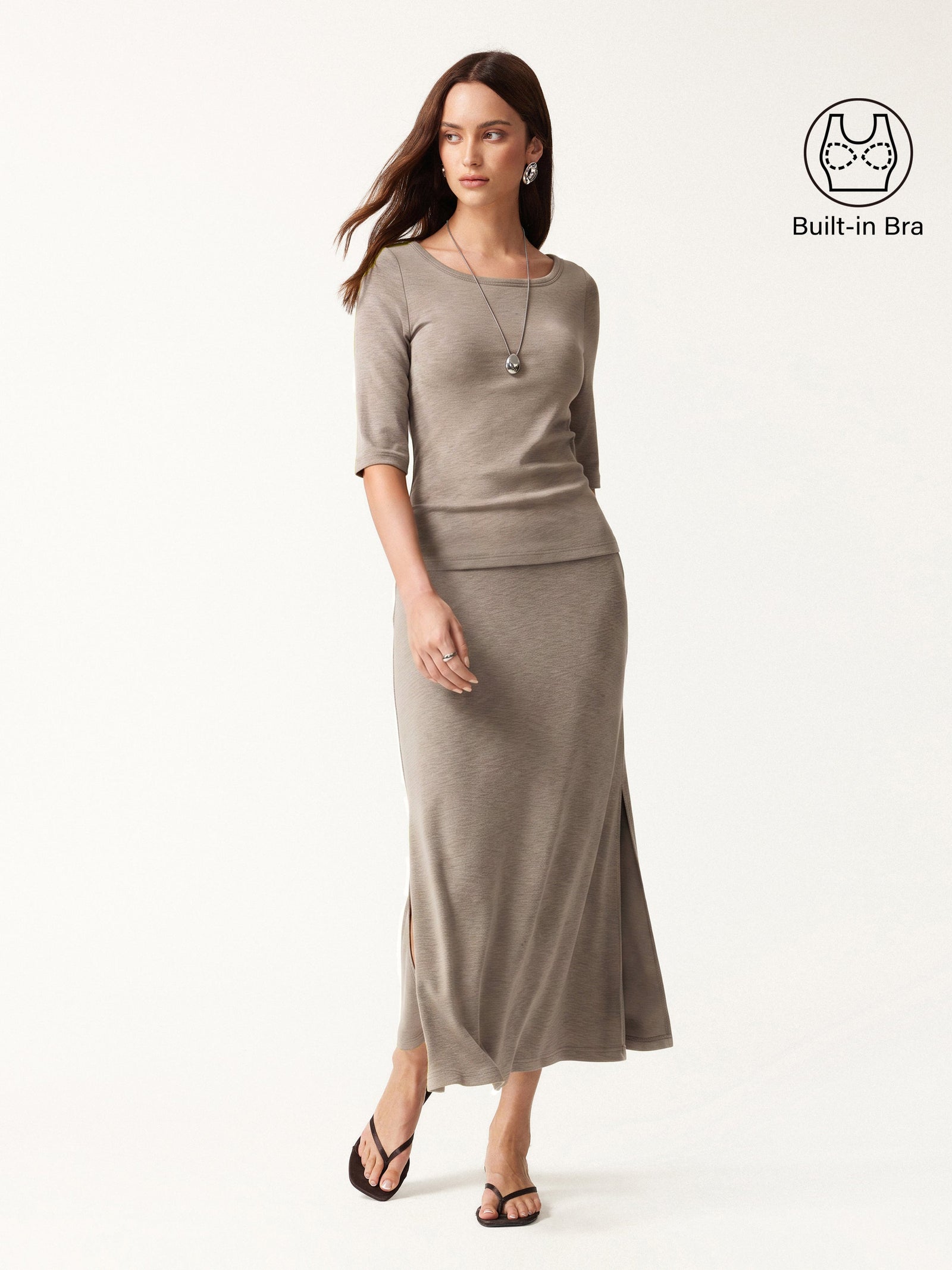 2Pcs Set Round Neck Elbow Sleeve Bra Top & Side-Slit A-Line Midi Skirt