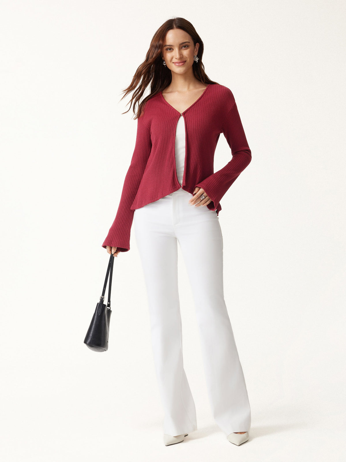 V Neck Flare Long Sleeve Cardigan