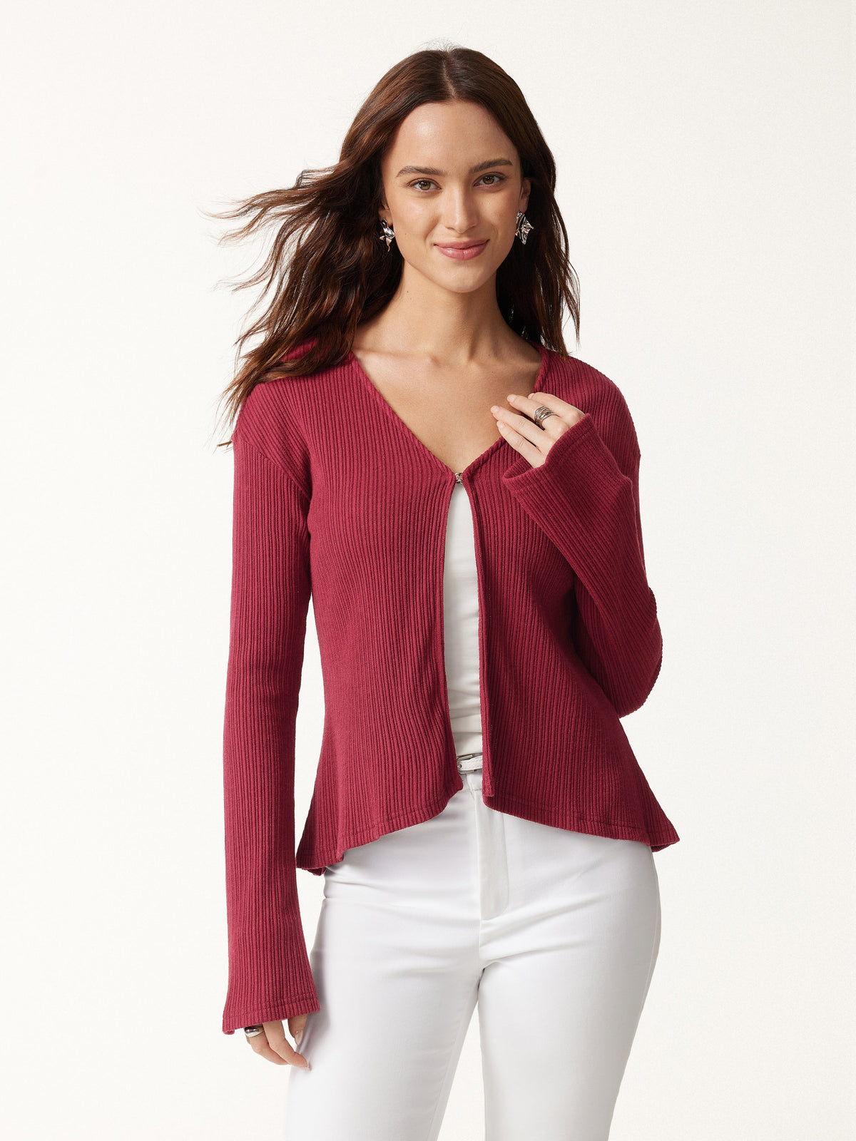 V Neck Flare Long Sleeve Cardigan