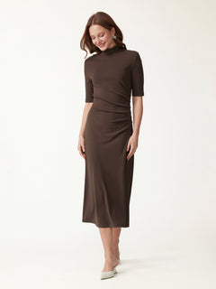 Cotton Blend Mock Neck Elbow Sleeve Tucked A-Line Midi Dress