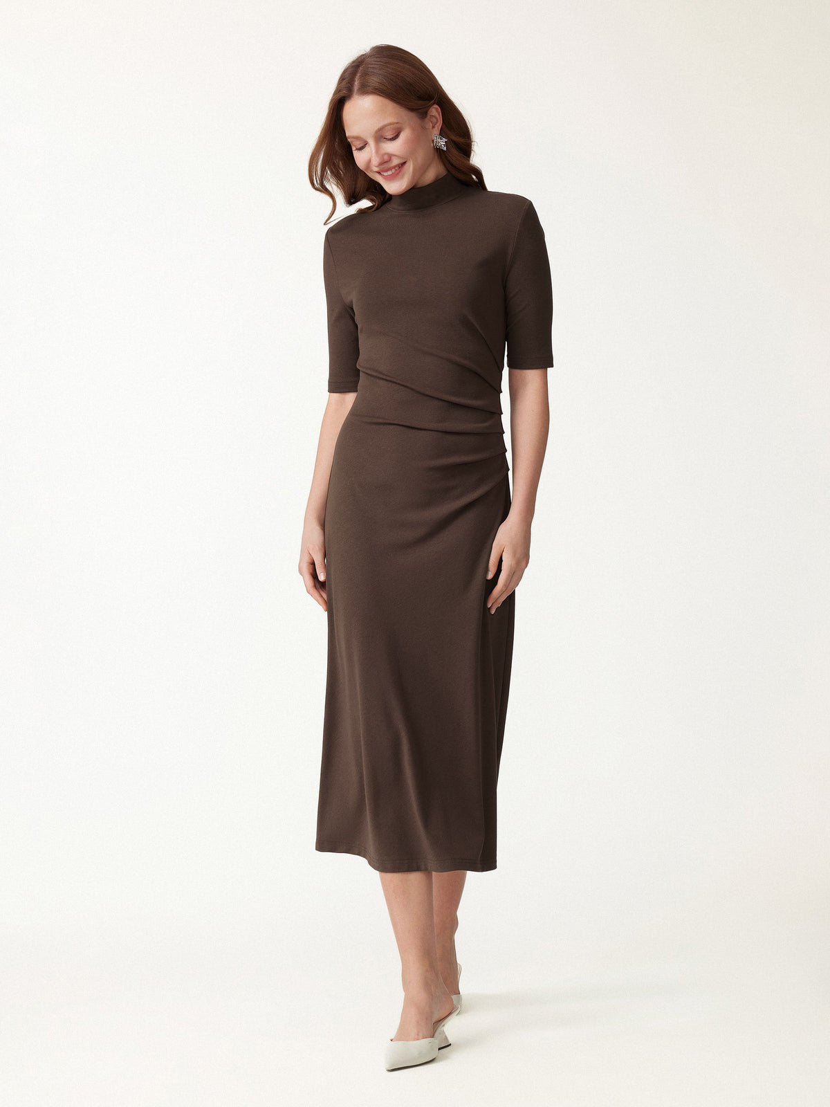 Cotton Blend Mock Neck Elbow Sleeve Tucked A-Line Midi Dress