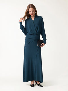 2Pcs Set Surplice Long Sleeve Banded Hem Top & A-Line Midi Skirt