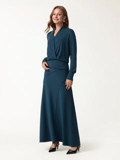 2Pcs Set Surplice Long Sleeve Banded Hem Top & A-Line Midi Skirt