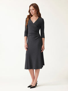 Eco-Mousse® Surplice 3/4 Sleeve Side-Tuck Midi Dress