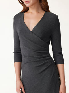 Eco-Mousse® Surplice 3/4 Sleeve Side-Tuck Midi Dress