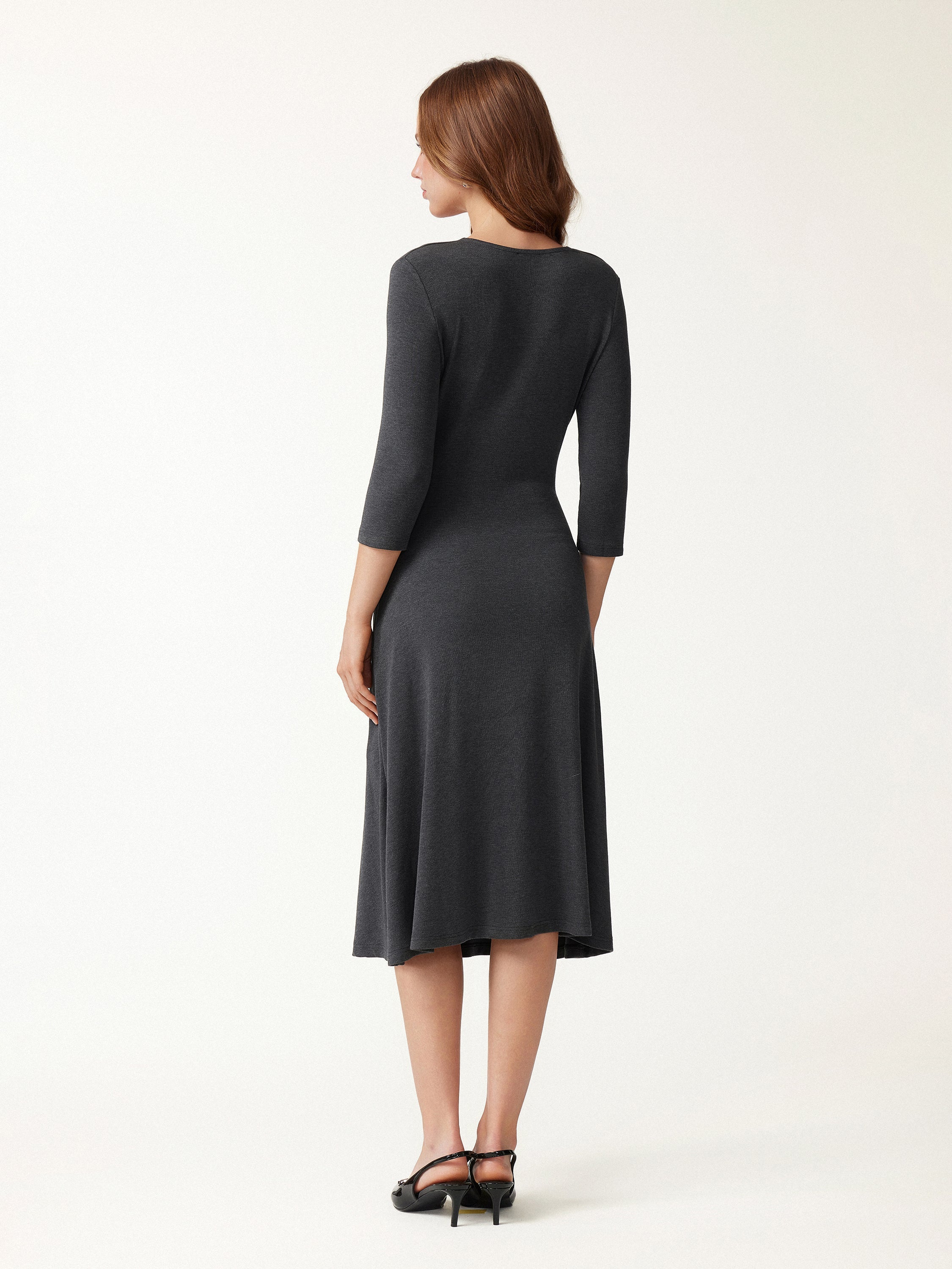 Eco-Mousse® Surplice 3/4 Sleeve Side-Tuck Midi Dress