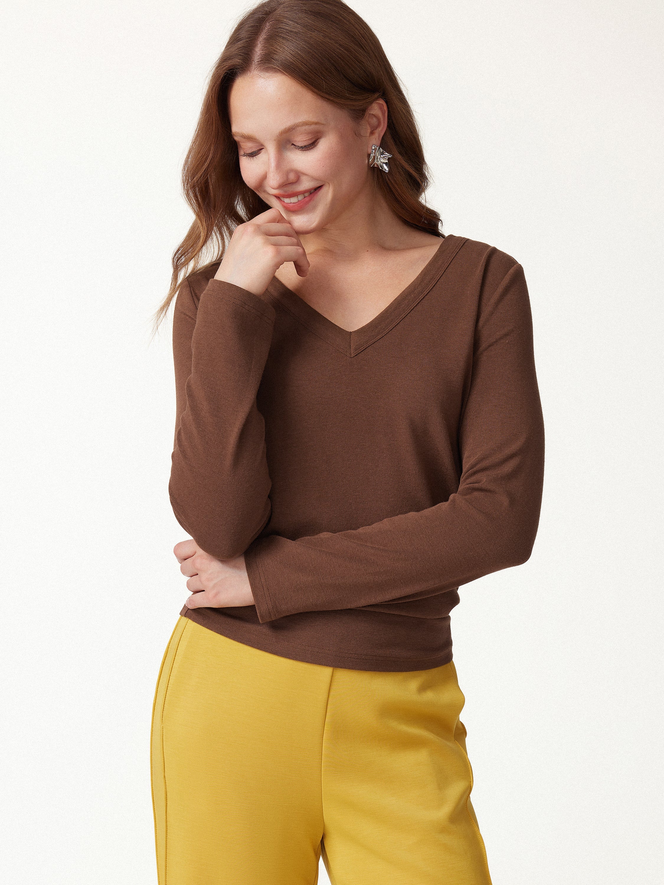 V-Neck Long Sleeve Banded Hem Top