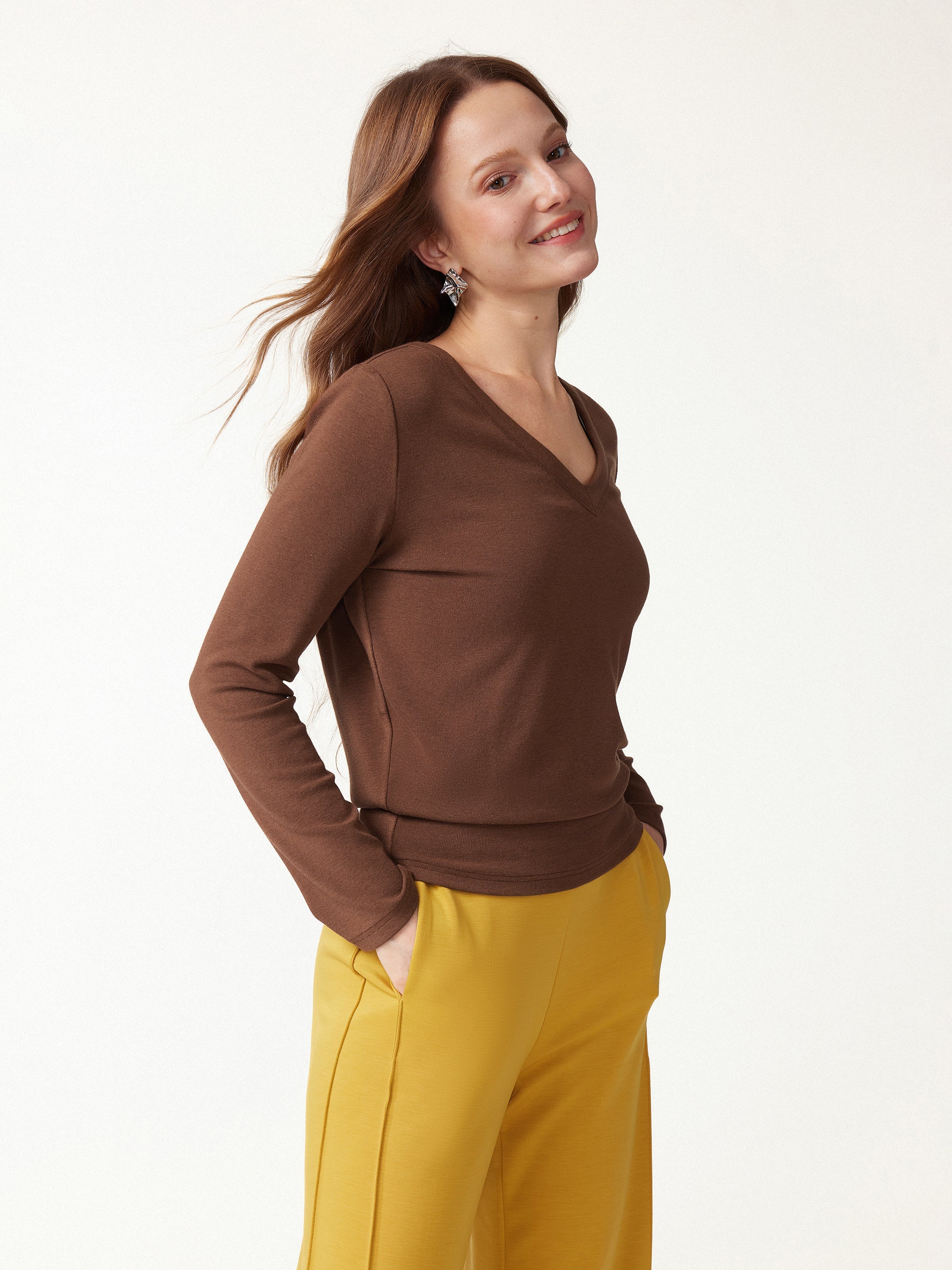 V-Neck Long Sleeve Banded Hem Top