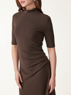 Cotton Blend Mock Neck Elbow Sleeve Tucked A-Line Midi Dress