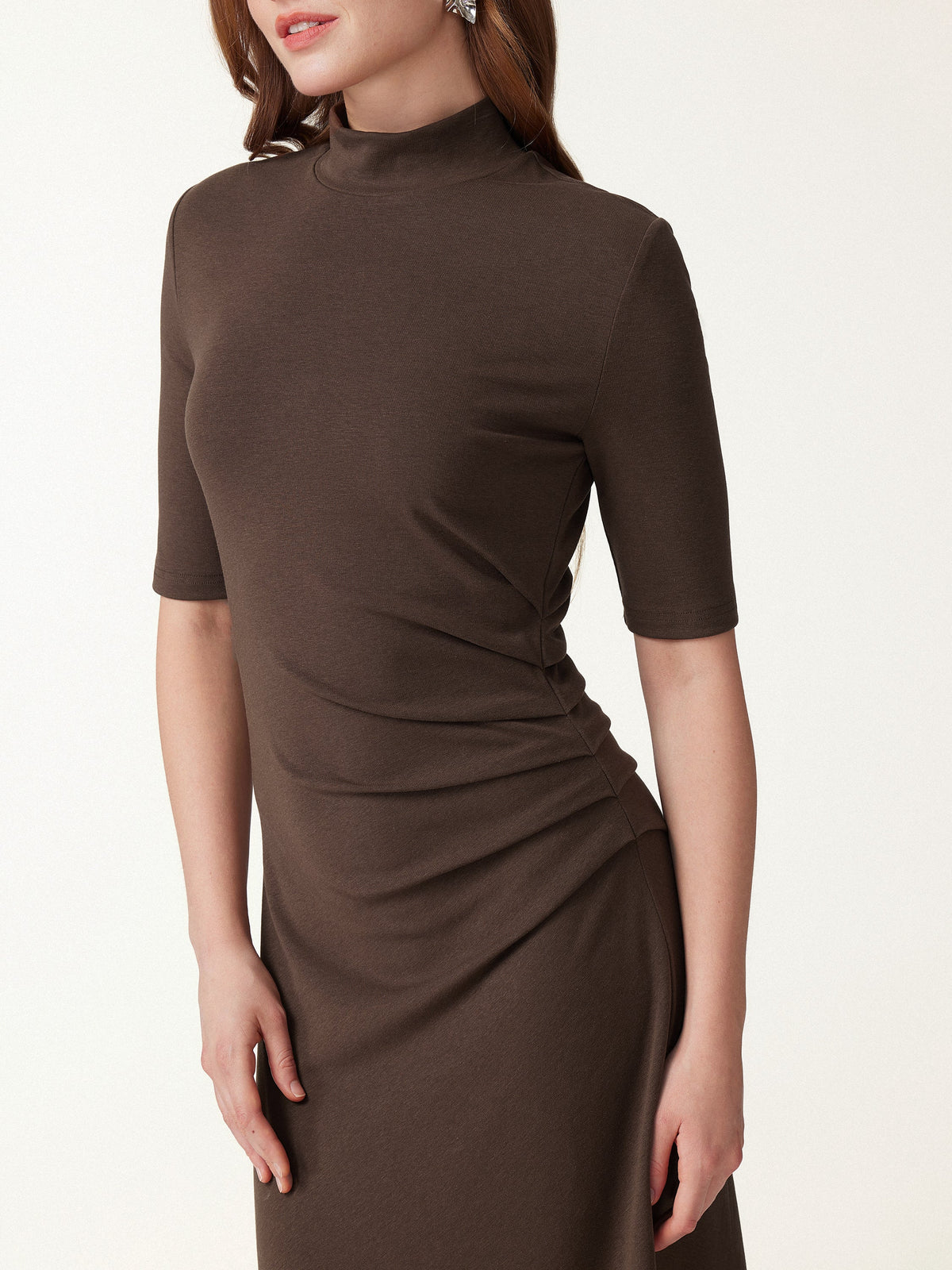 Cotton Blend Mock Neck Elbow Sleeve Tucked A-Line Midi Dress