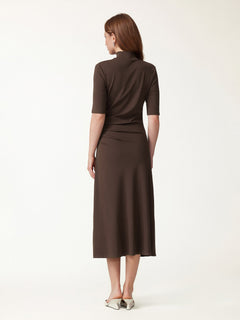 Cotton Blend Mock Neck Elbow Sleeve Tucked A-Line Midi Dress
