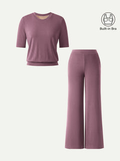 2Pcs Set Petite Wide Leg Pant with Pockets & Crewneck Bra Top