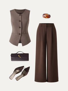 2Pcs Set Waistcoat with Pockets & Wide Leg Pant with Pockets
