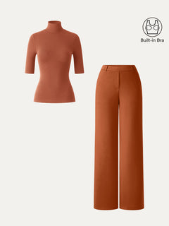 2Pcs Set Elbow Length Sleeve Bra Top & High-Rise Wide Leg Pants